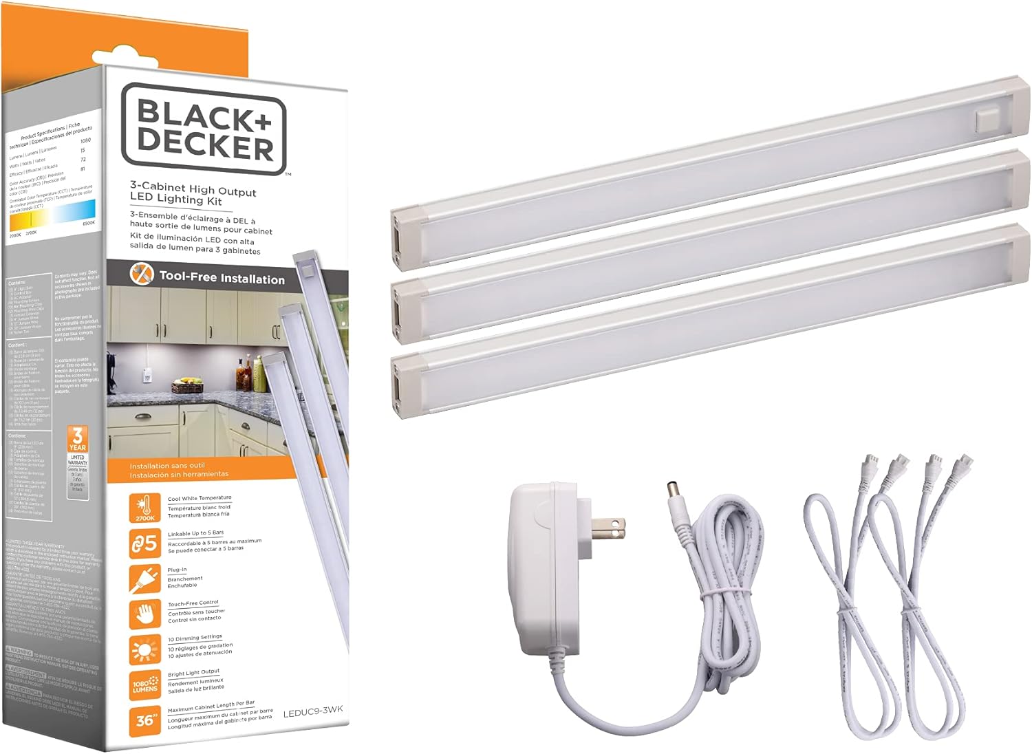 BLACK+DECKER LED Under Cabinet Lighting Kit, 3-Bars, 9 Inches Each, DIY Tool-Free Installation, Warm White, 2700K, 1080 Lumens, 15 Watts