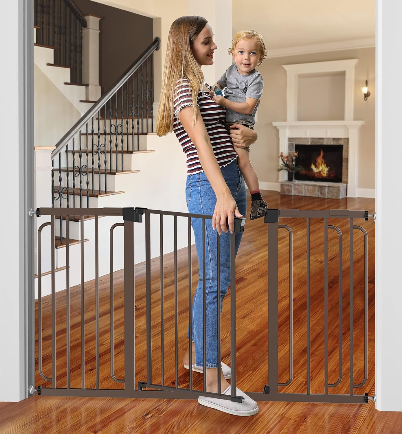 Cumbor 29.7-57" Baby Gate for Stairs, Extra Wide Dog Gate for Doorways, Pressure Mounted Walk Through Safety Child Gate for Kids Toddler