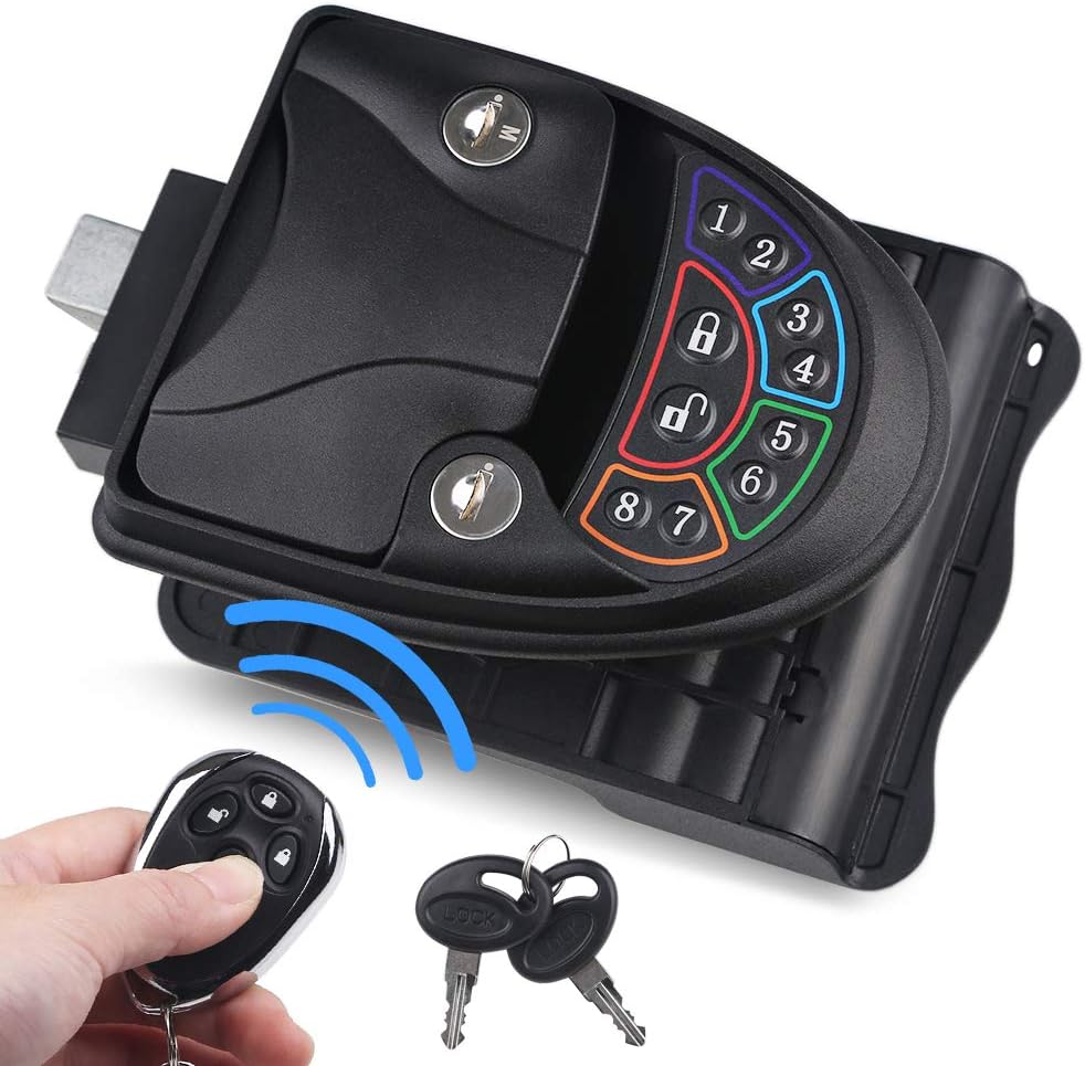 WATERWICH RV Keyless Entry Door Lock Handle Latch Zinc Alloy Wireless with Keypad & Fob 20m Remote Control for Caravan Camper Bus Yacht Ferry Truck