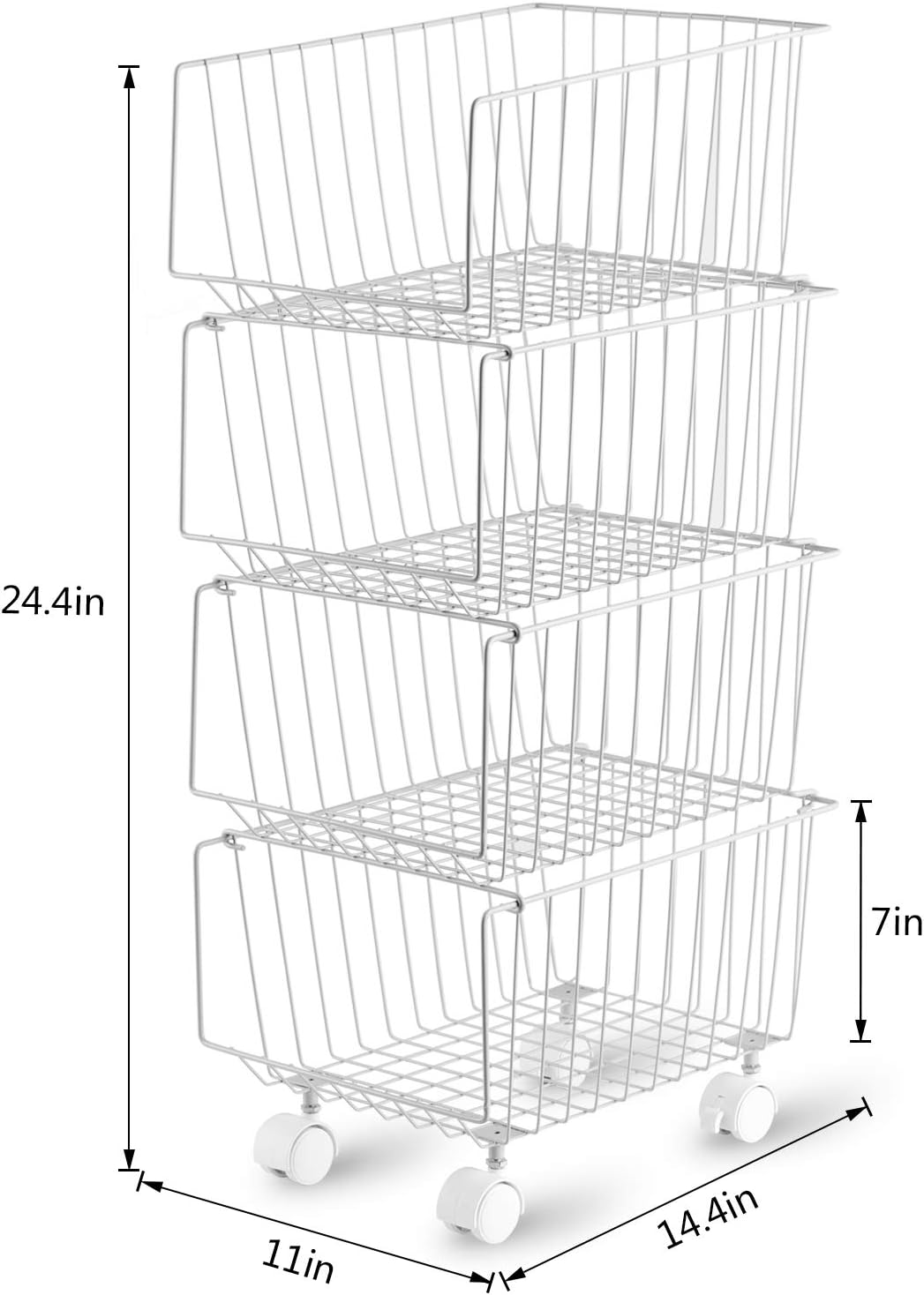 Rolling Stackable Storage Bin, Modern 4 Tiers Basket with Lockable Casters, Utility Storage Organizer for Kitchen, Pantry, Closets, Bedrooms(Gray)