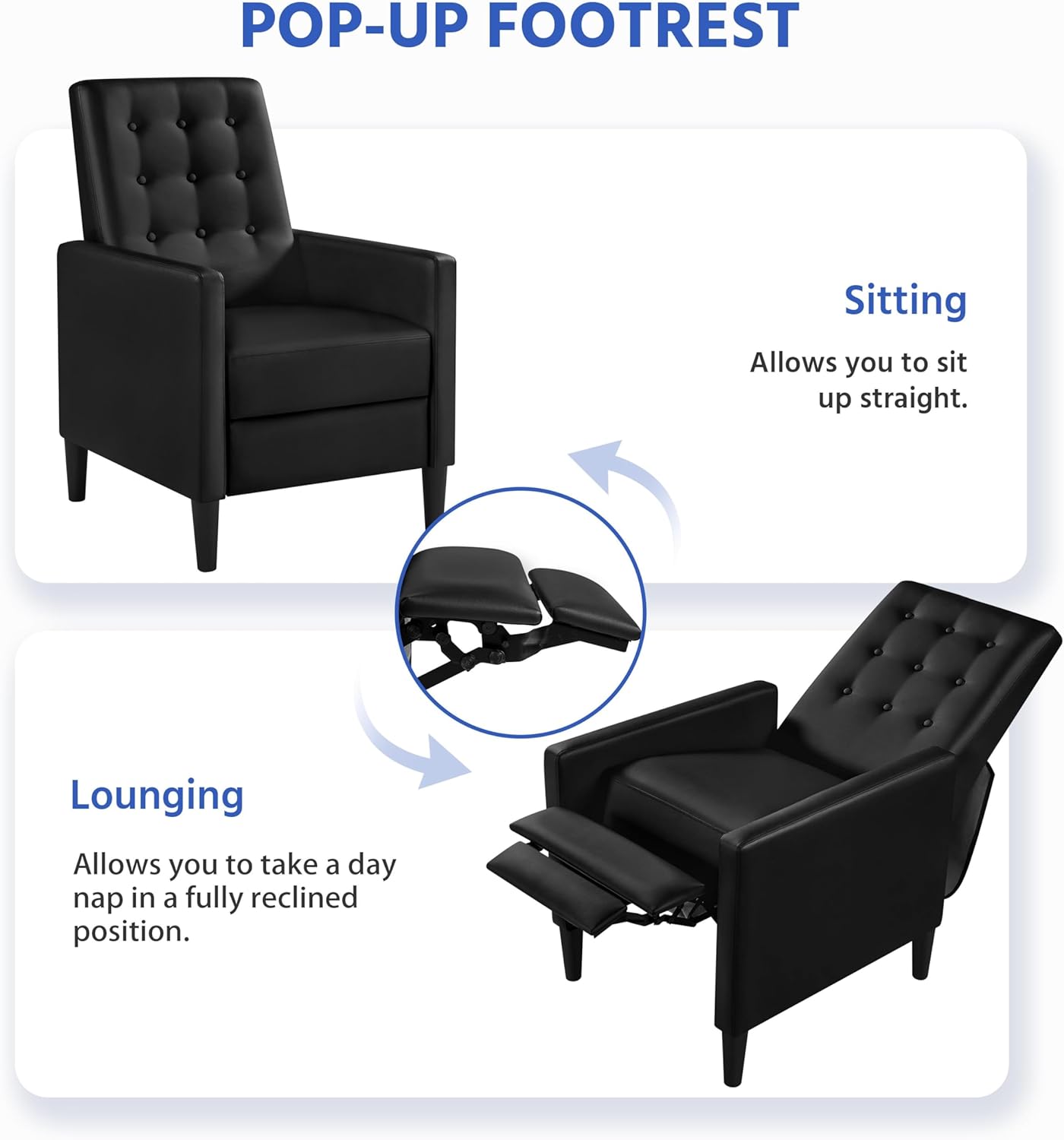 TJUNBOLIFE Faux Leather Recliner Sofa Mid-Century Modern Single Reclining Chair Adjustable Back &amp