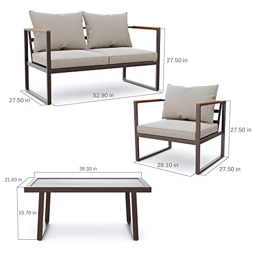 EAST OAK Courtyard Patio Furniture Set, 4-Piece Outdoor Patio Set with Sofa, Removable & Washable Deep Seating Cushion, Tempered Glass Table
