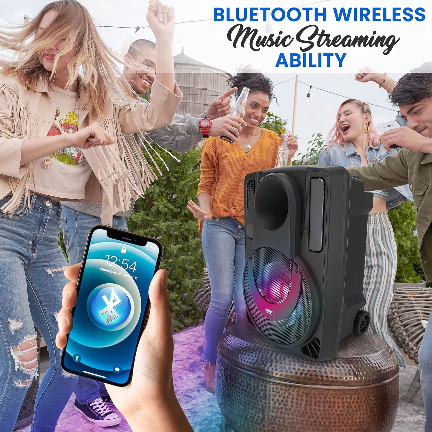 12’’ Portable PA Speaker System - Wireless BT Streaming PA & Karaoke Party Audio Speaker, Two Wireless Mic, Wired Microphone, Tablet Stand