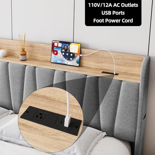 IDEALHOUSE Queen Size Bed Frame with Storage Headboard, Upholstered Platform Beds with Drawers, Charging Station, Noise-Free, No Box Spring Needed