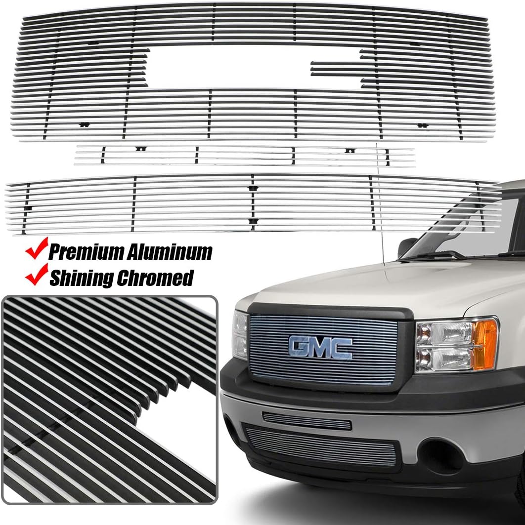 Front Chrome Grill Grille Fits 2007-2013 GMC Sierra 1500 New Body/07-10 Denali Billet Grille Grill Combo