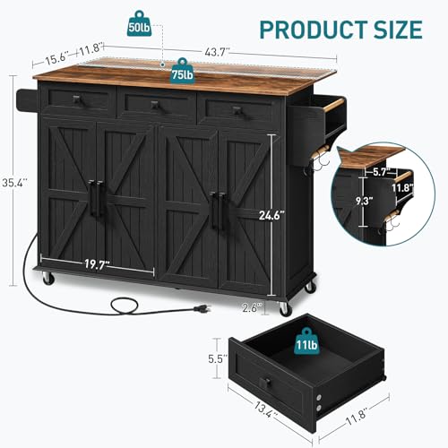 Kitchen Island with Drop Leaf, Kitchen Cart with Charging Station, Kitchen Table with Storage, Rolling Island Table with 3 Drawers