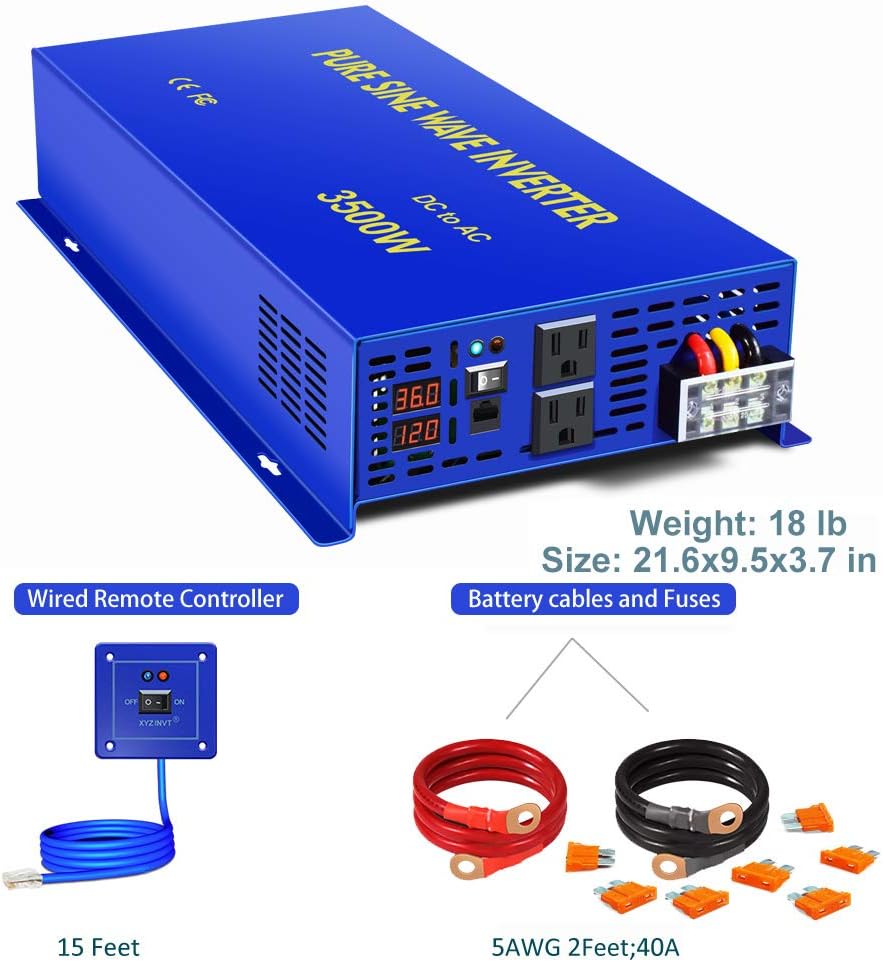 XYZ INVT 36 Volt Inverter 3500W Pure Sine Wave Inverter DC to AC, 36v to 110V 120V with 15ft Remote Switch, Surge 7000w
