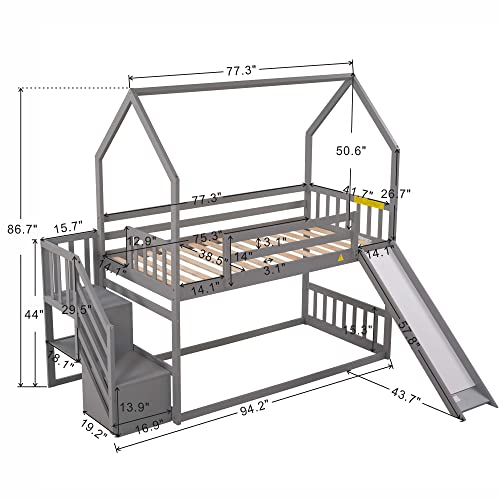 Merax Twin Over Twin House Bunk Bed Frames with Slide and Storage Staircase, No Box Spring Needed, White