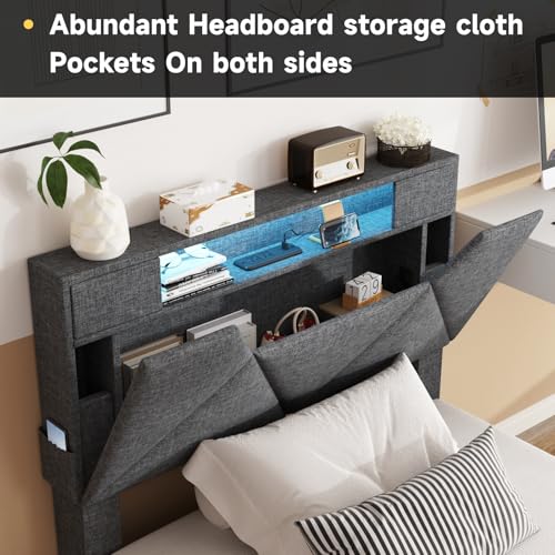 Vabches Queen Bed Frame with Storage Headboard and 4 Drawers,Upholstered Platform with Charging Station and Led Lights,Adjustable Headboard