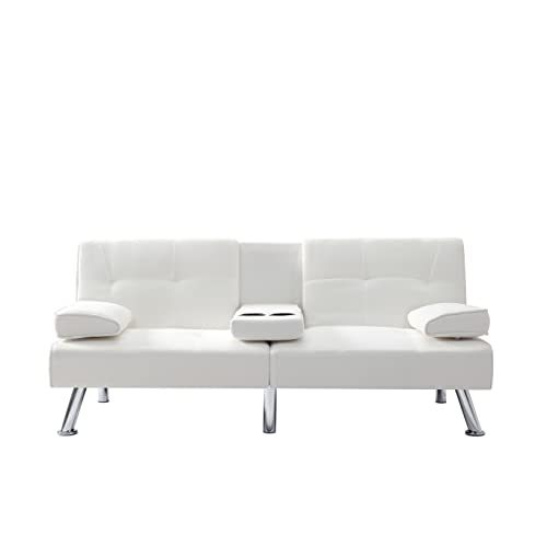 Synthetic Leather Cushion Modern Convertible futon, Adjustable Folding Sofa Bed, Guest Room Bed with Detachable armrests, Two Cup Holders