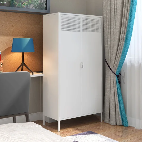 Fithood Metal Wardrobe Cabinet, Armoire Wardrobe Closet with Hanging Rod and Doors, Metal Wardrobe Closet with Adjustable Shelves for Bedroom