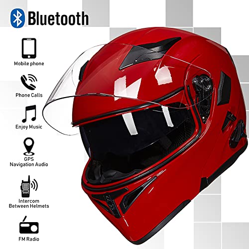 ILM Bluetooth Motorcycle Helmet Modular Flip up Full Face Dual Visor Mp3 Intercom FM Radio DOT Model 902BT(Matte Black, Large)