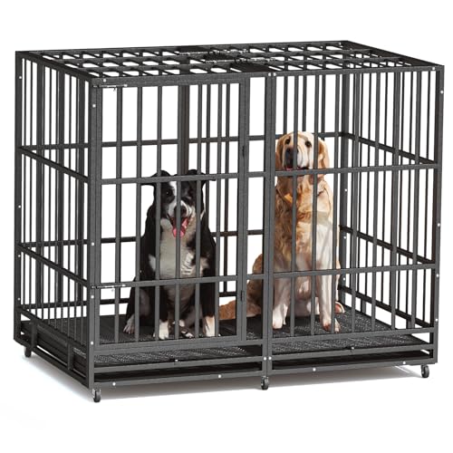 48 Inch Heavy Duty Dog Crate – Indestructible Steel Cage for Large Dogs, Double Door High Anxiety Cage with Removable Tray & Locking Wheels