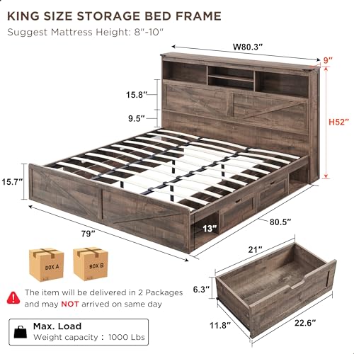 Queen Size Wood Bed Frame Farmhouse with 52" Tall Storage Bookcase Headboard, LED Light,Charging Station,4 Drawers and Solid Wood Slats Support