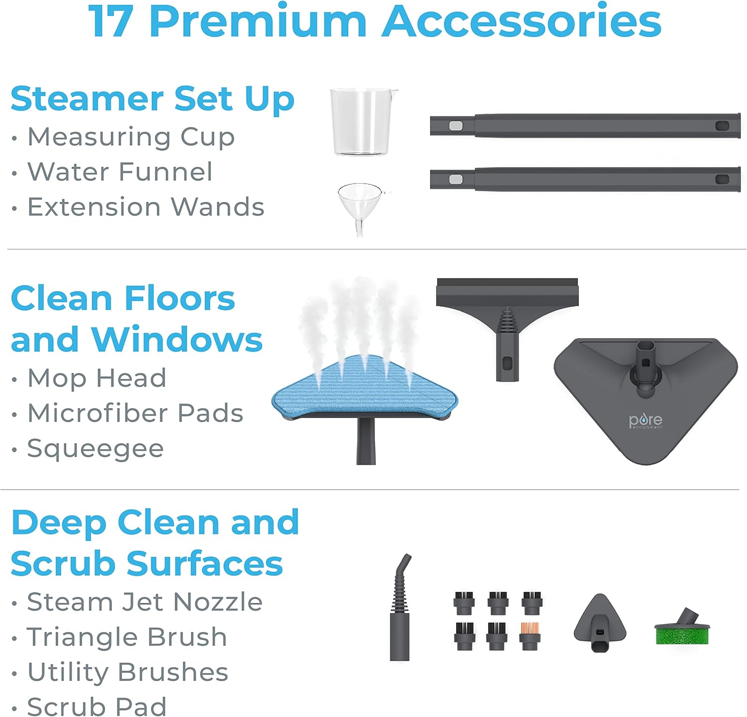 Pure Enrichment PureClean Steam Cleaner with 17 Accessories, Multi-Purpose Household Rolling Steamer for Chemical-Free Deep Cleaning of Floors