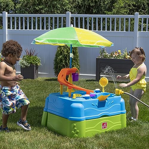 Step2 Waterpark Wonders Two-Tier Water Table, Kids Water Activity Sensory Playset, Comes with Umbrella, Summer Outdoor Toys