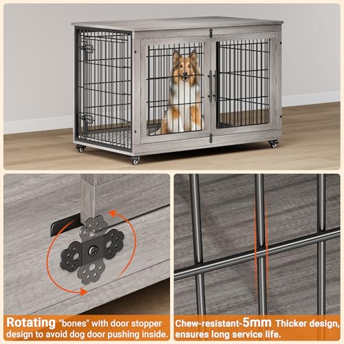 Lulive Dog Crate Furniture for Medium Dogs, 32'' Dog Kennel Indoor with Cushion & Wheels Wooden Dog Cage Double Doors Dog Crate End Table, Grey