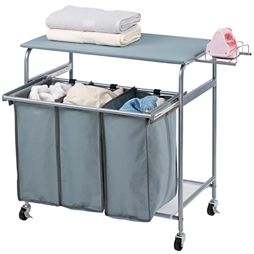 ALIMORDEN Laundry Sorter with Ironing Board Iron Rack Rolling Laundry Basket with Side pull 3-Bag Heavy-Duty Laundry Room Organizer Clothes Hamper