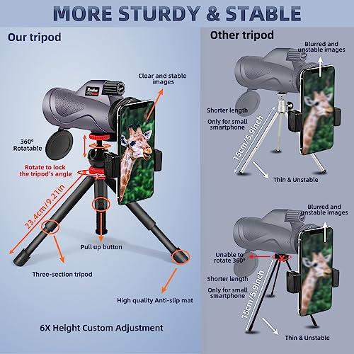 40X60 Monocular Telescope, High Power Monocular for Adults with Phone Adapter& Tripod& Hand Strap, Low Night Vision Monocular