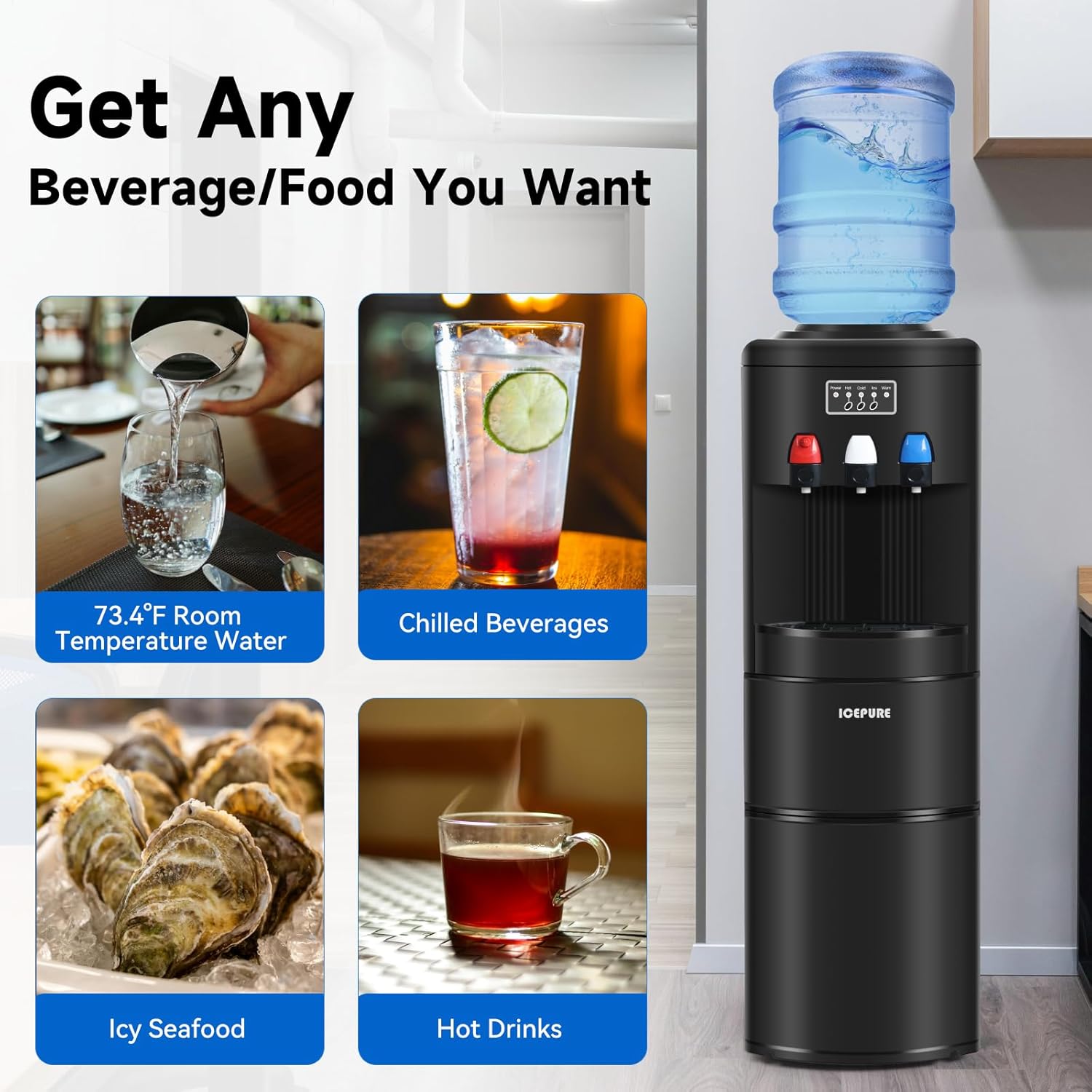 ICEPURE Water Dispenser with Ice Maker, 3-in-1 Hot and Cold Water Cooler with Built-in Bullet Ice Maker Machine, 26.5lbs/24H