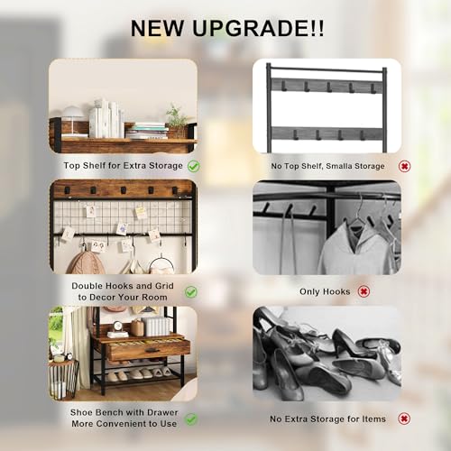 DKLGG Hall Tree with Bench and Shoe Storage for Entryway, 5-in-1 Coat Rack with Shoe Storage, Wood Look Accent Shoe and Coat Rack