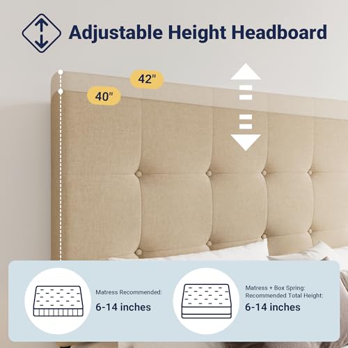 Allewie Upholstered Queen Size Platform Bed Frame with 4 Storage Drawers and Headboard, Square Stitched Button Tufted