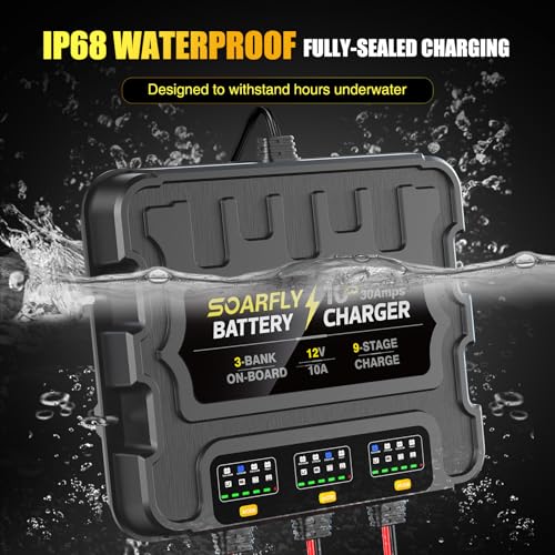 3 Bank Marine Battery Charger, 12V 30A (10A/Bank) Smart Waterproof Onboard Boat Battery Charger