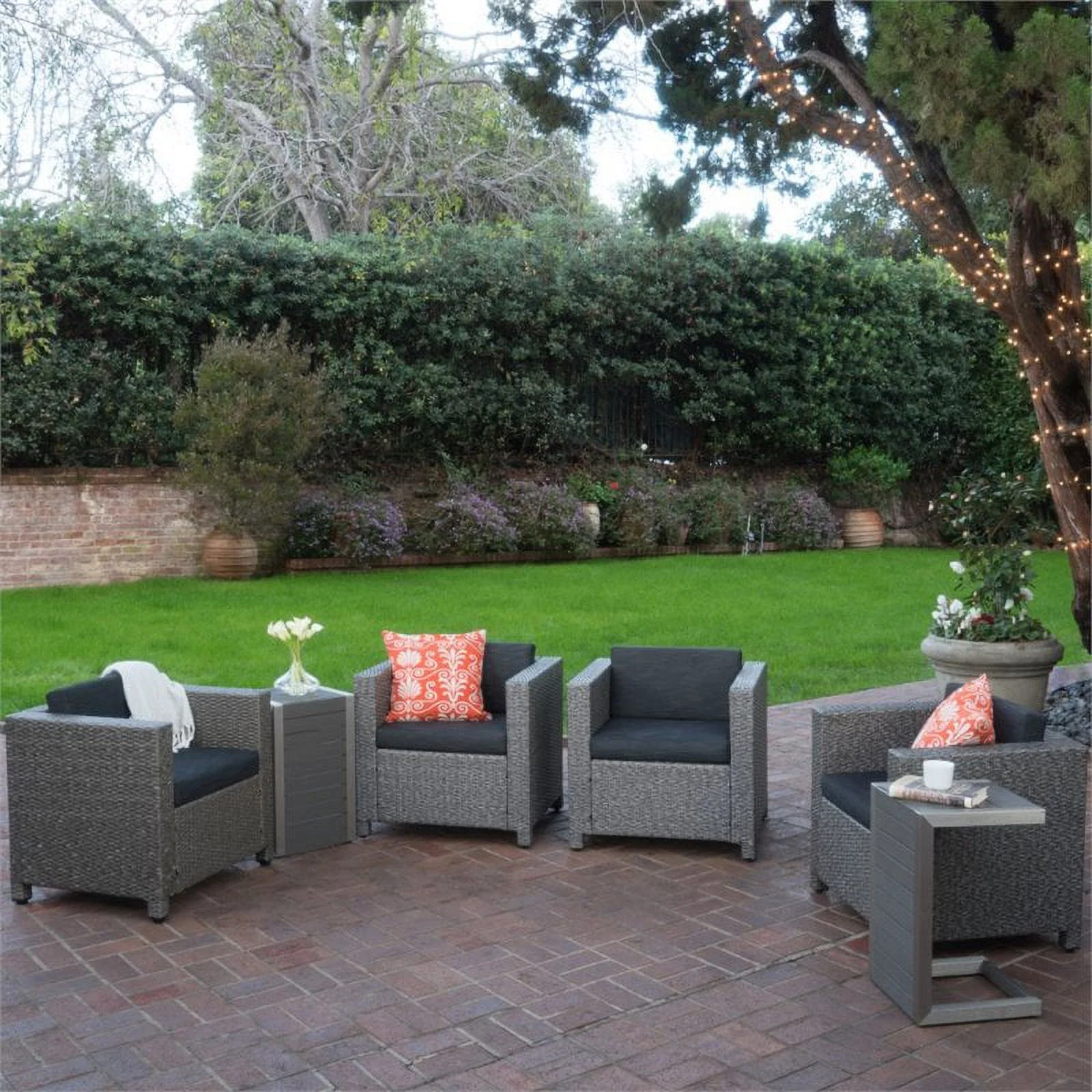 Noble House Puerta 6 Piece Outdoor Wicker Chair and Blended Wood Table Set