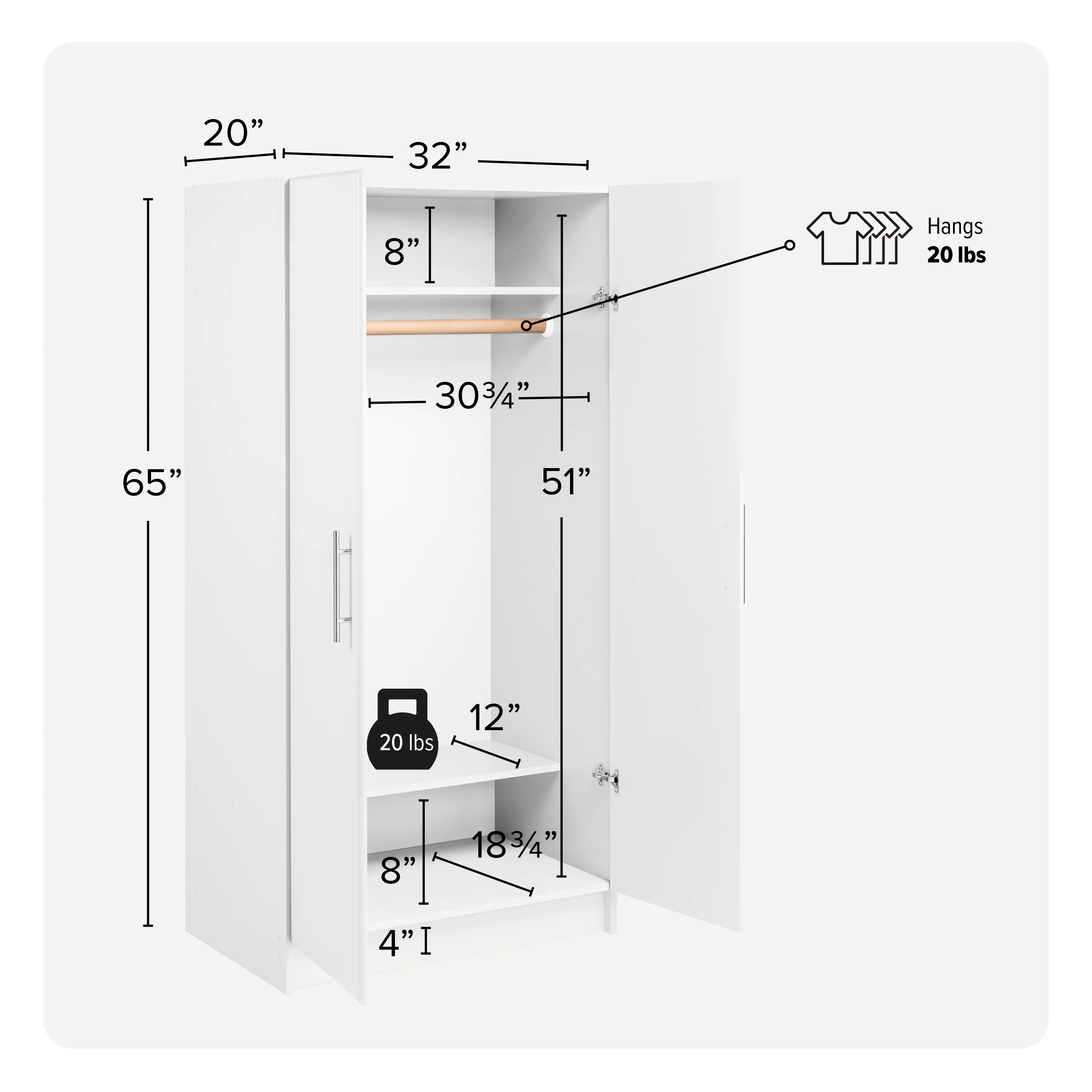 Prepac Armoir, Elite 32"W x 35"H x 20"D White Wardrobe Closet & Cabinet - Functional Clothes Storage with Hanging Rail, Armoire Wardrobe - WEW-3264