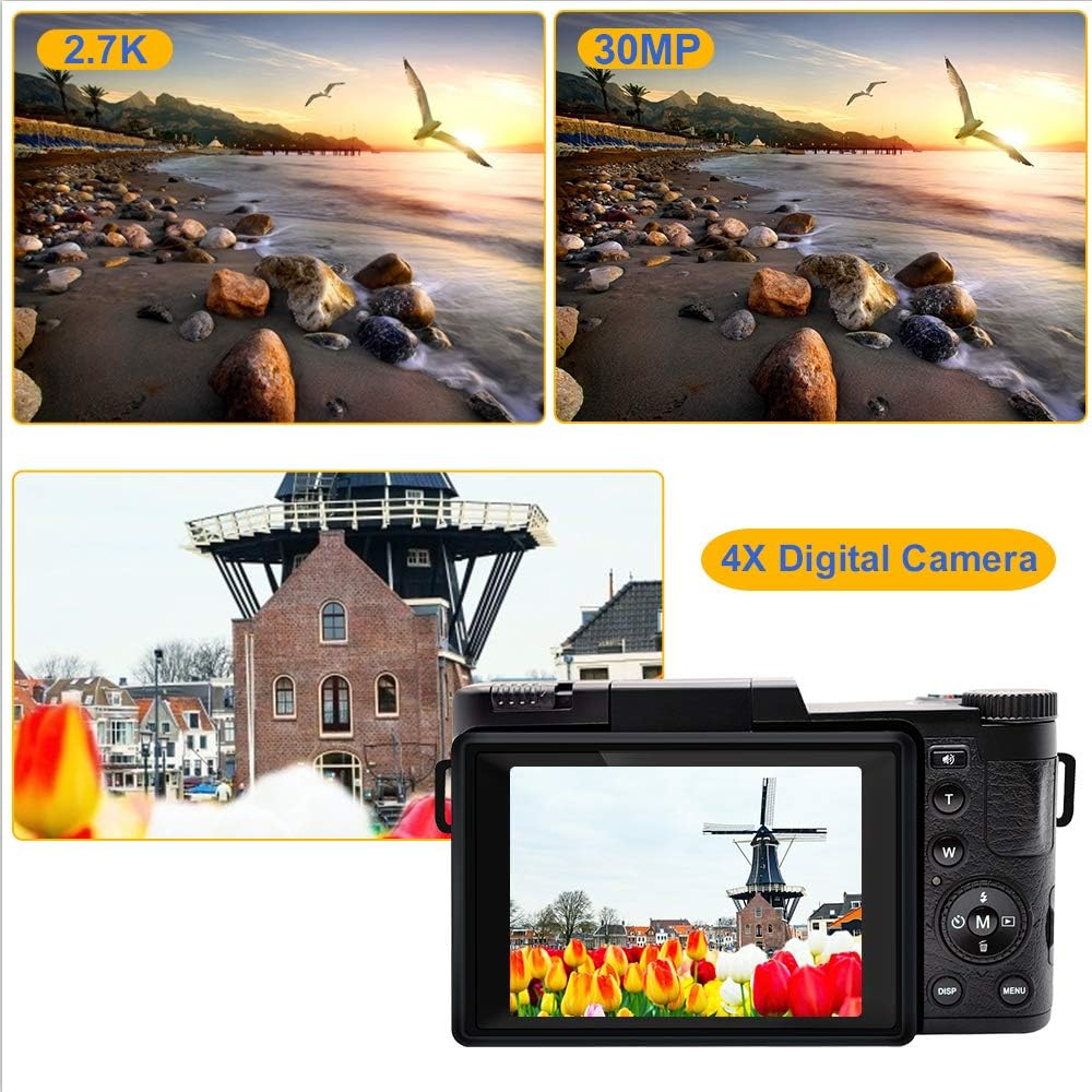 2.7K Digital Camera Vlogging Camera 30MP Full HD Digital Camera with Retractable Flash Light Camera 3 Inch Flip Screen Vlogging Camera for YouTube