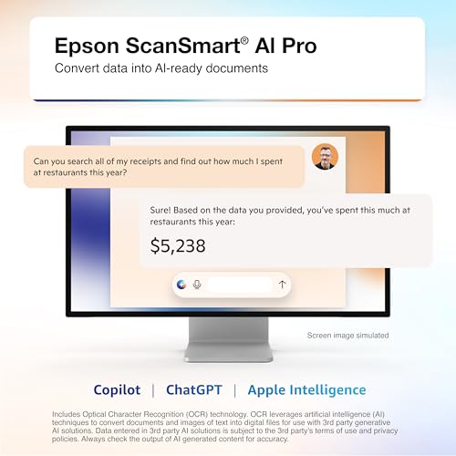 Epson RapidReceipt RR-600W Wireless Desktop Color 2-Sided Receipt & Document Scanner with ScanSmart AI PRO Receipt Management & PDF Software for PC &