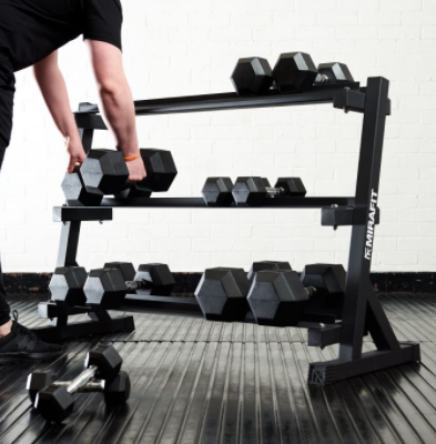 550 LB DUMBBELL SET AND HEAVY DUTY DUMBBELL RACK, 5 TO 50 LB HEX DUMBBELL SET (10 PAIR).