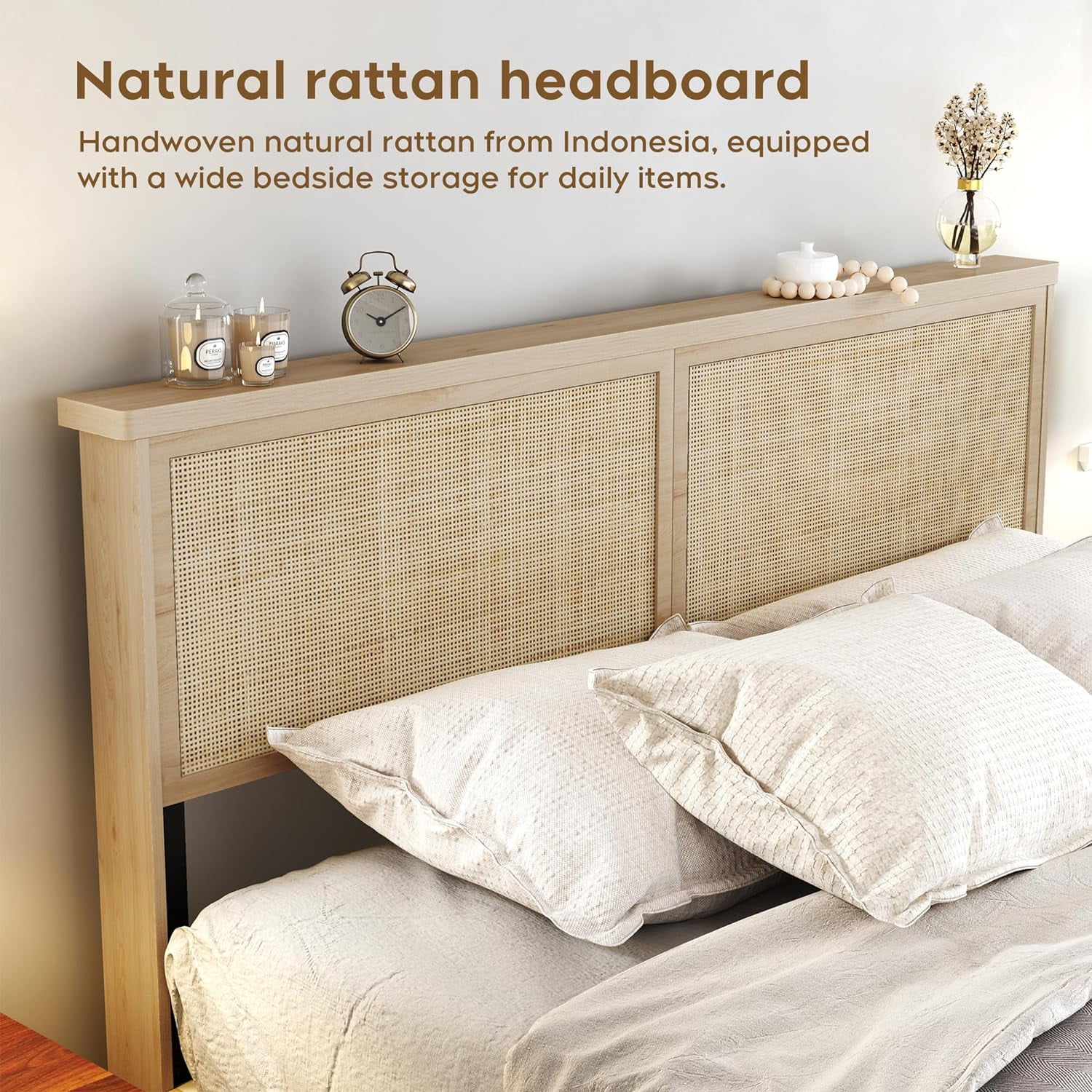 Brafab Natural Rattan Queen Bed Frame with Wooden Headboard and 4 Storage Drawers