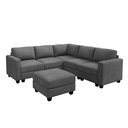 HONBAY Corduroy Modular Sectional Couch with Storage L-Shaped Sectional Couches for Living Room 6 Seater Modular Sofa, Dark Gray