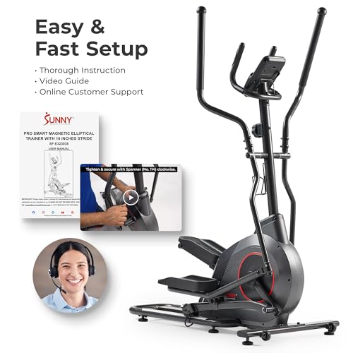 Sunny Health & Fitness Smart Upright Elliptical w/Pulse Sensor Built-in, Indoor Full-Body Cross-Training & Cardio Exercise Machine for Home
