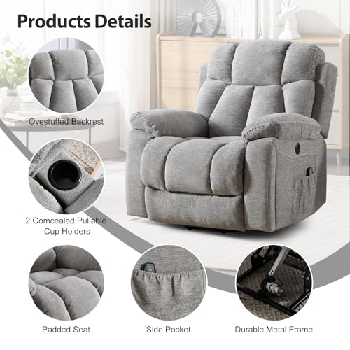 Phoenix Home Large Power Lift Recliner Chair with Massage and Heat for Elderly, Overstuffed Wide Recliners with 2 Cup Holders