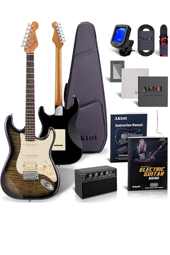 AKLOT Stryde Electric Guitar with Coil-Split: Roasted Maple Neck, Flame Maple Graphic Top, HSS Ceramic Pickups, Beginner Guitar Kit with 10W Amp