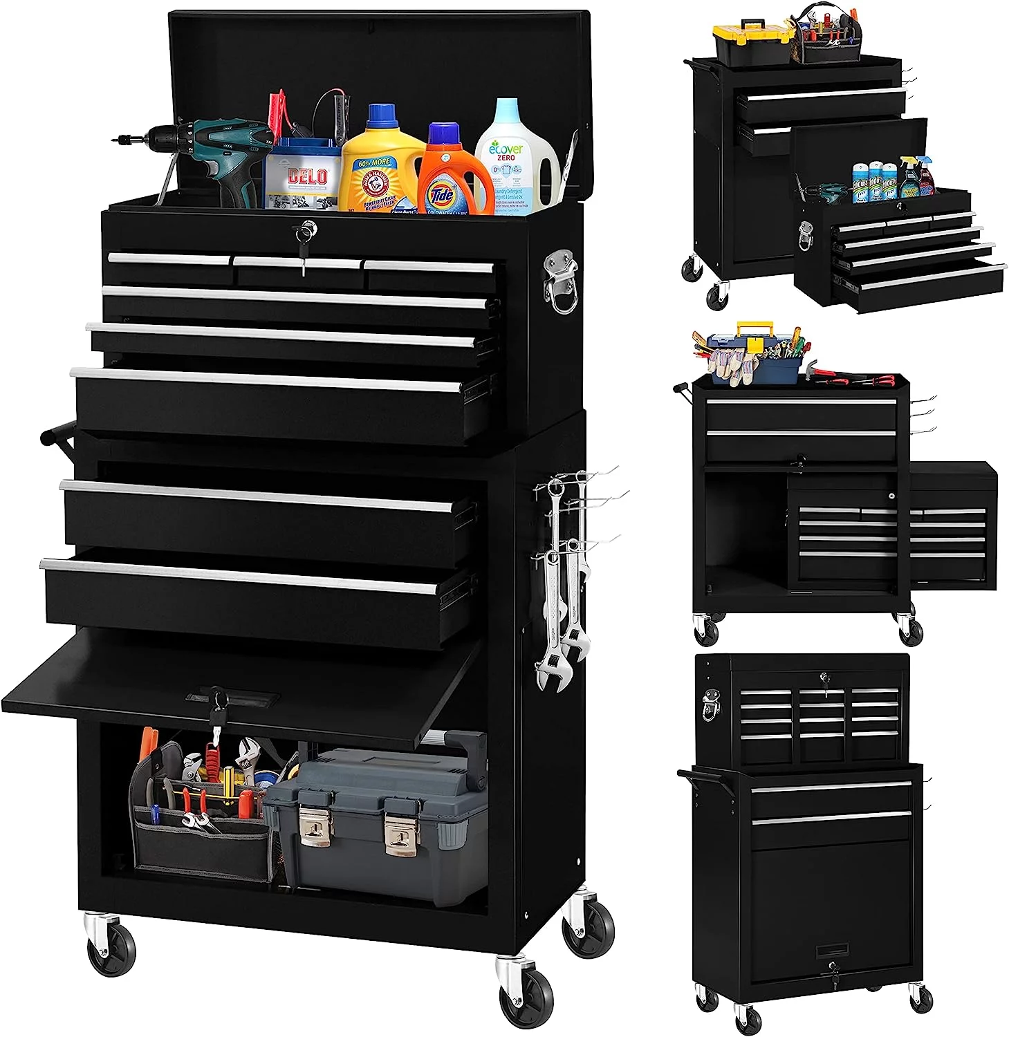2-IN-1  Tool Chest & Cabinet, Large Capacity 8-Drawer Rolling Tool Box Organizer with Wheels Lockable Craft, Black