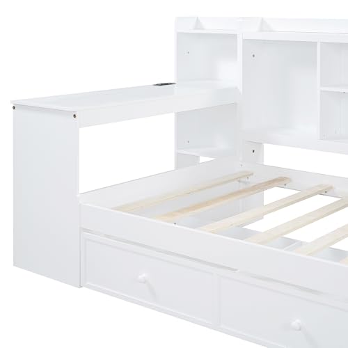 Bellemave Twin Corner Bed Frame with Storage Shelves and Desk, Wood Twin Size Daybed with Bookcase and Drawers and Storage, Gray