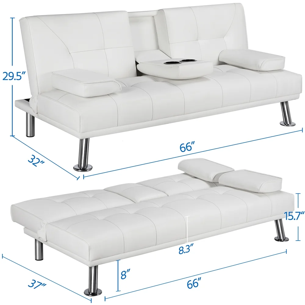 Yaheetech Modern Faux Leather Futon Sofa Bed Home Recliner Couch, White