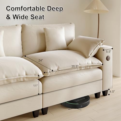 Modular Sectional Sofa, Cloud Couch with Ottoman, Charging Station, Throw Pillows, Cup Holders, Modern Convertible U Shaped Couches for Living Room