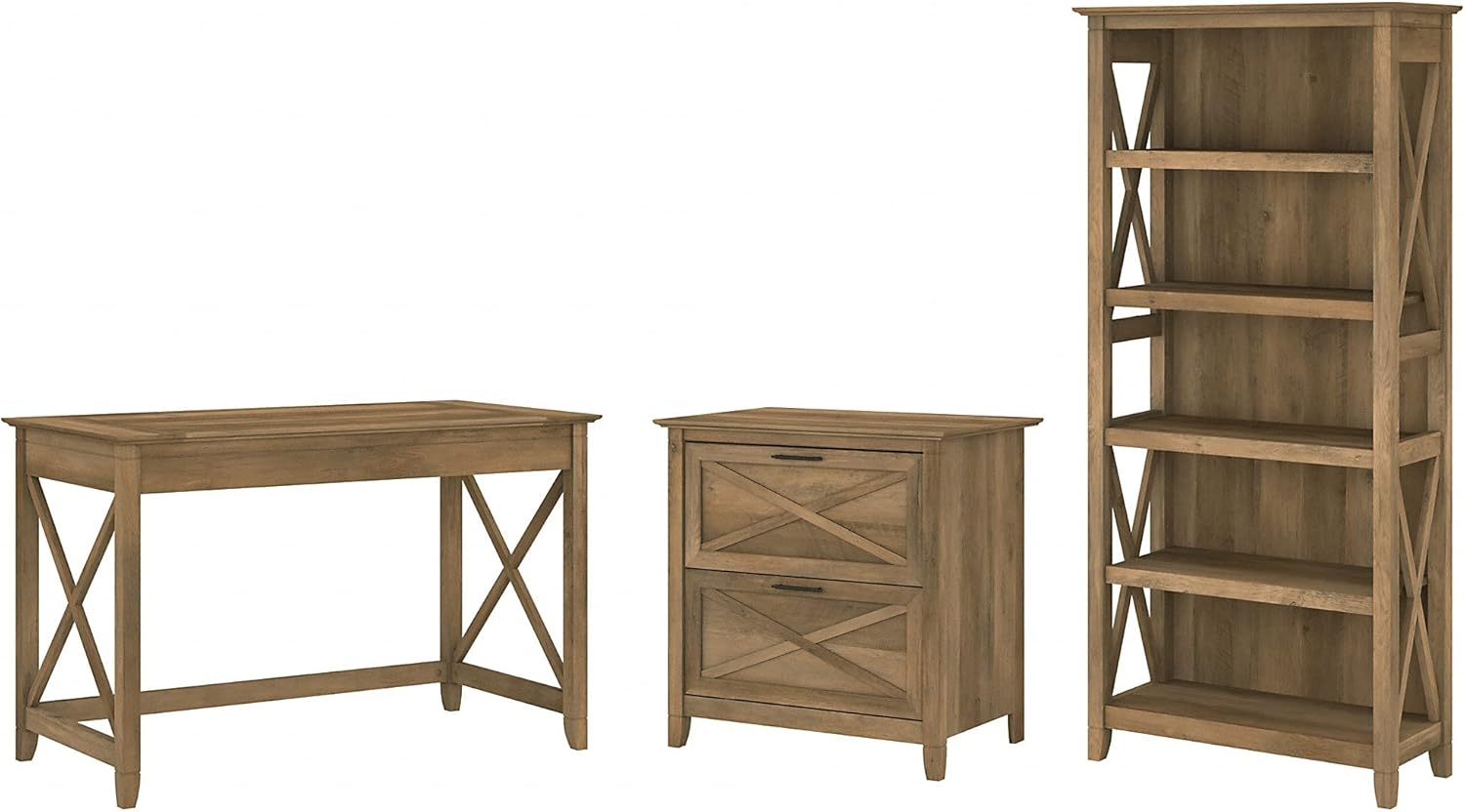 Bush Furniture Key West Writing Desk with 2 Drawer Lateral File Cabinet and 5 Shelf Bookcase, 48W, Dark Gray Hickory