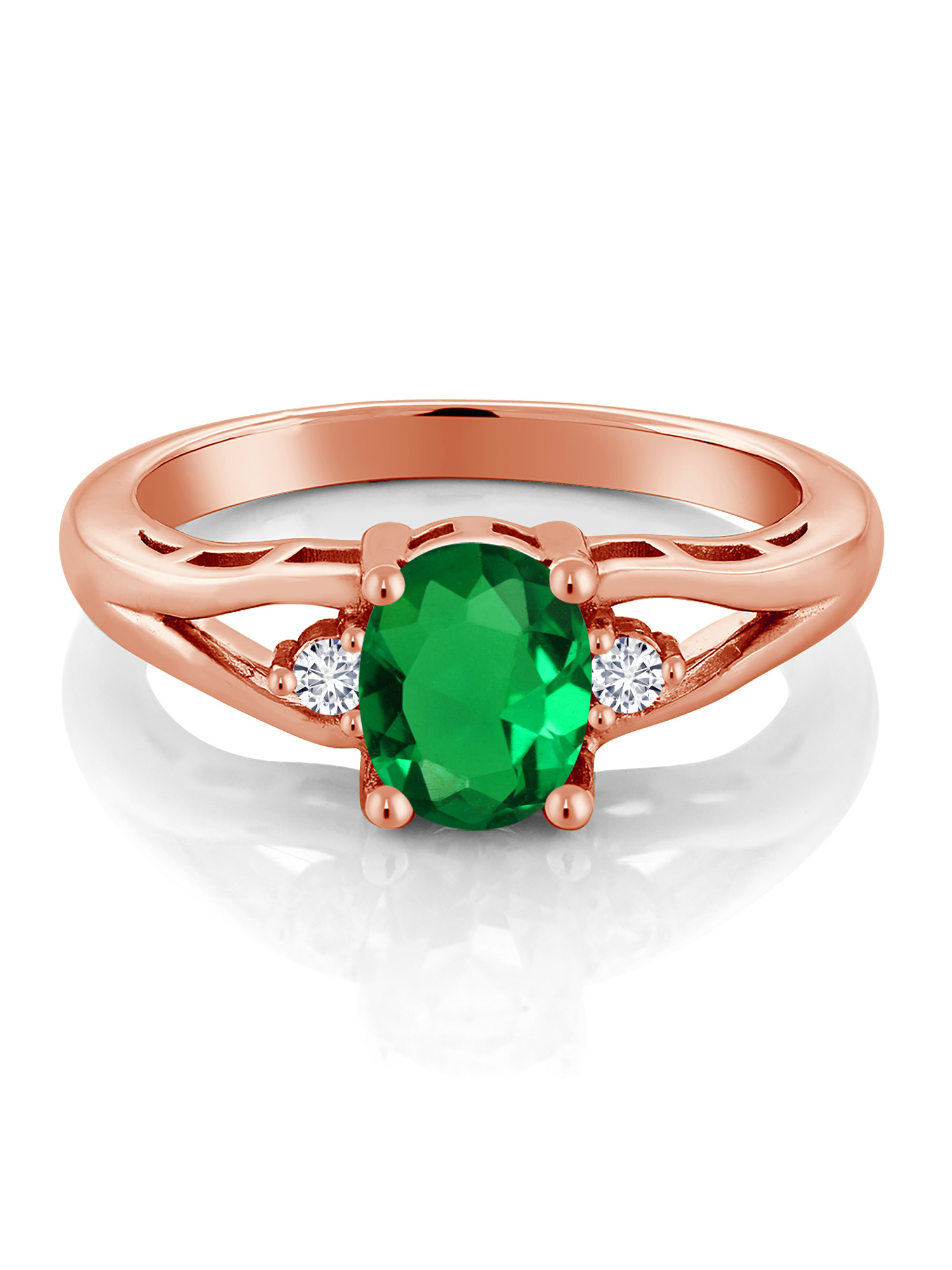 Gem Stone King 18K Rose Gold Plated Silver Green Nano Emerald and White Lab Grown Diamond 3 Stone Engagement Ring For Women | 0.83 Cttw | Oval 8X6MM