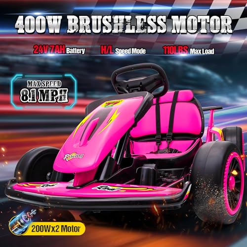 24V Electric Go Kart for Kids, Crazy Drift Cart with 400W Motors, EVA Tires, Max Speed 8.1 MPH, Music, Wireless