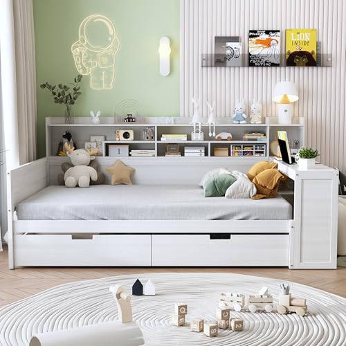 Corner Twin Bed Frame with Bookcase Storage and Desk, Wood Day Beds with 2 Drawers, Twin Size Daybed with Storage for Living Room