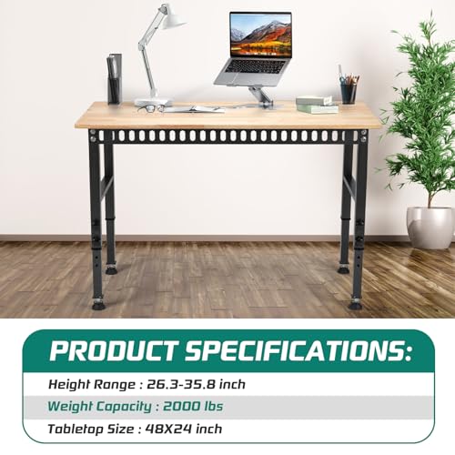 48 "Adjustable Workbench with Power Outlet, Heavy Duty 2000 LBS Load Capacity Hardwood Workbench Suitable for Workshop, Office, Garage, Home