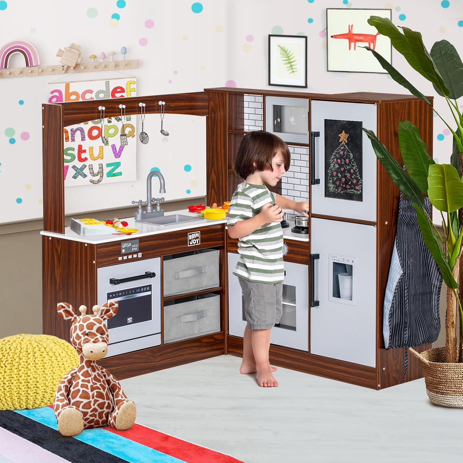 Corner Play Kitchen for Kids, Wooden Toddler Kitchen Playset w/Faucet, Sink, Microwave, Oven, Apron, Blackboard, Storage Cabinets