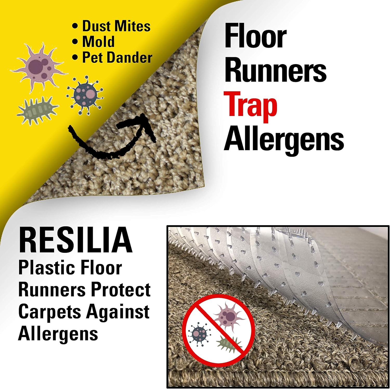 Resilia - Clear Vinyl Plastic Floor Runner/Protector for Low Pile Carpet - Skid-Resistant Decorative Pattern, (27 Inches Wide x 12 Feet Long)