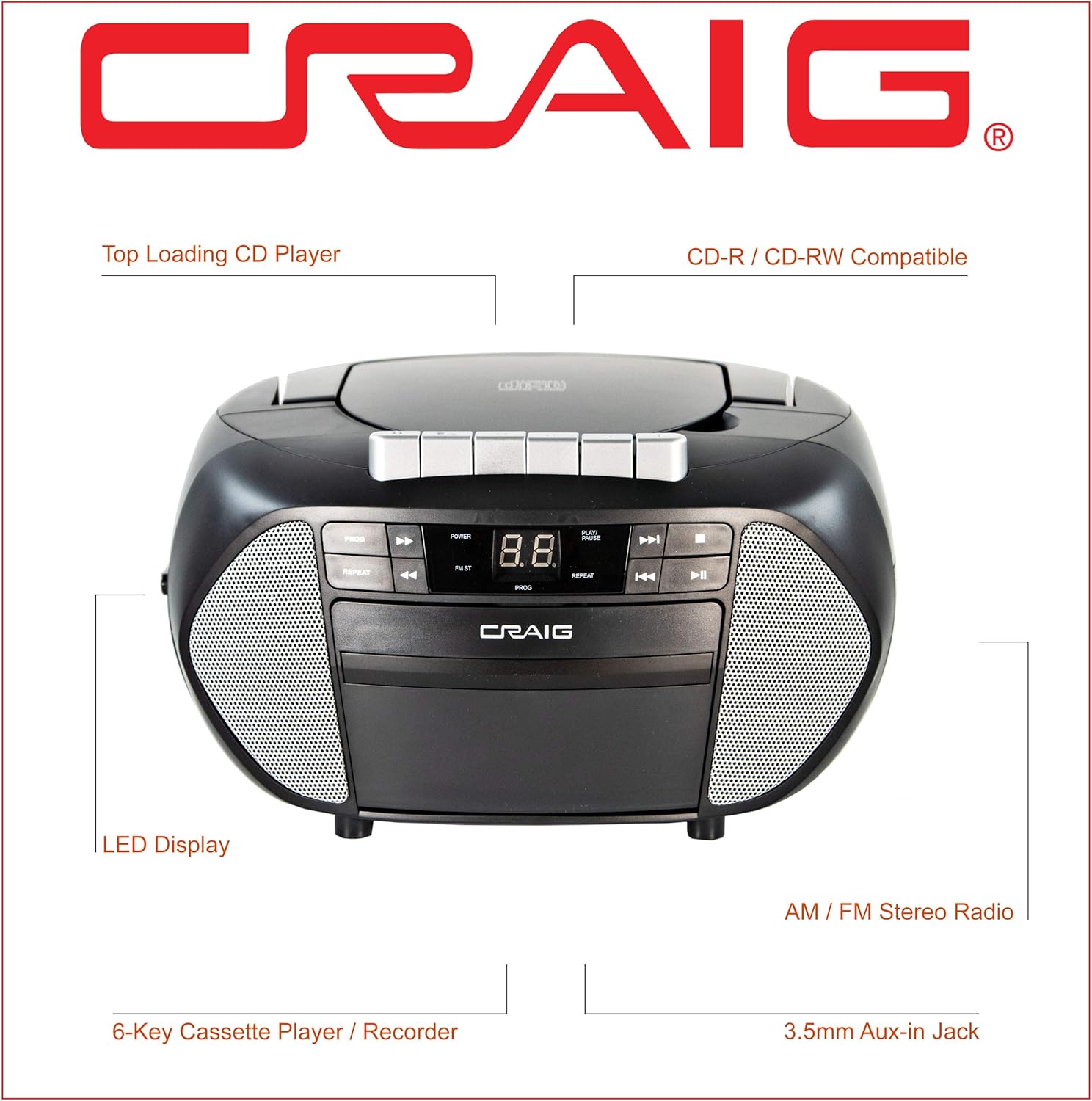 Craig Electronics CD6951-SL CD Boombox with AM/FM Stereo Radio and Cassette Player/Recorder Pack of 2