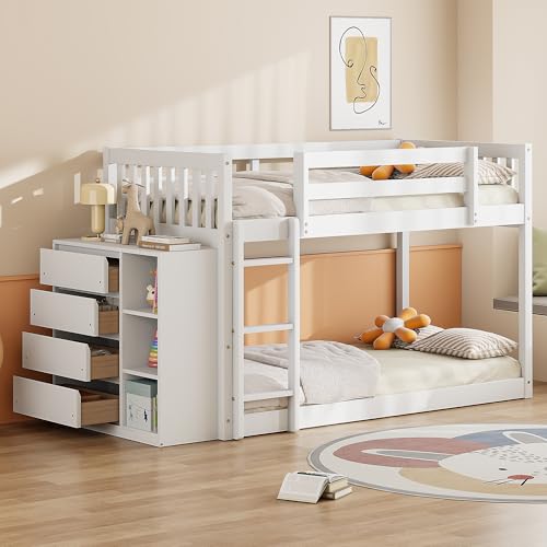 Ball & Cast Full Over Full Bunk Bed with Twin Size Trundle and Built in 4 Drawer,Wood Bunkbed w/Storage Ladder & Slat Support
